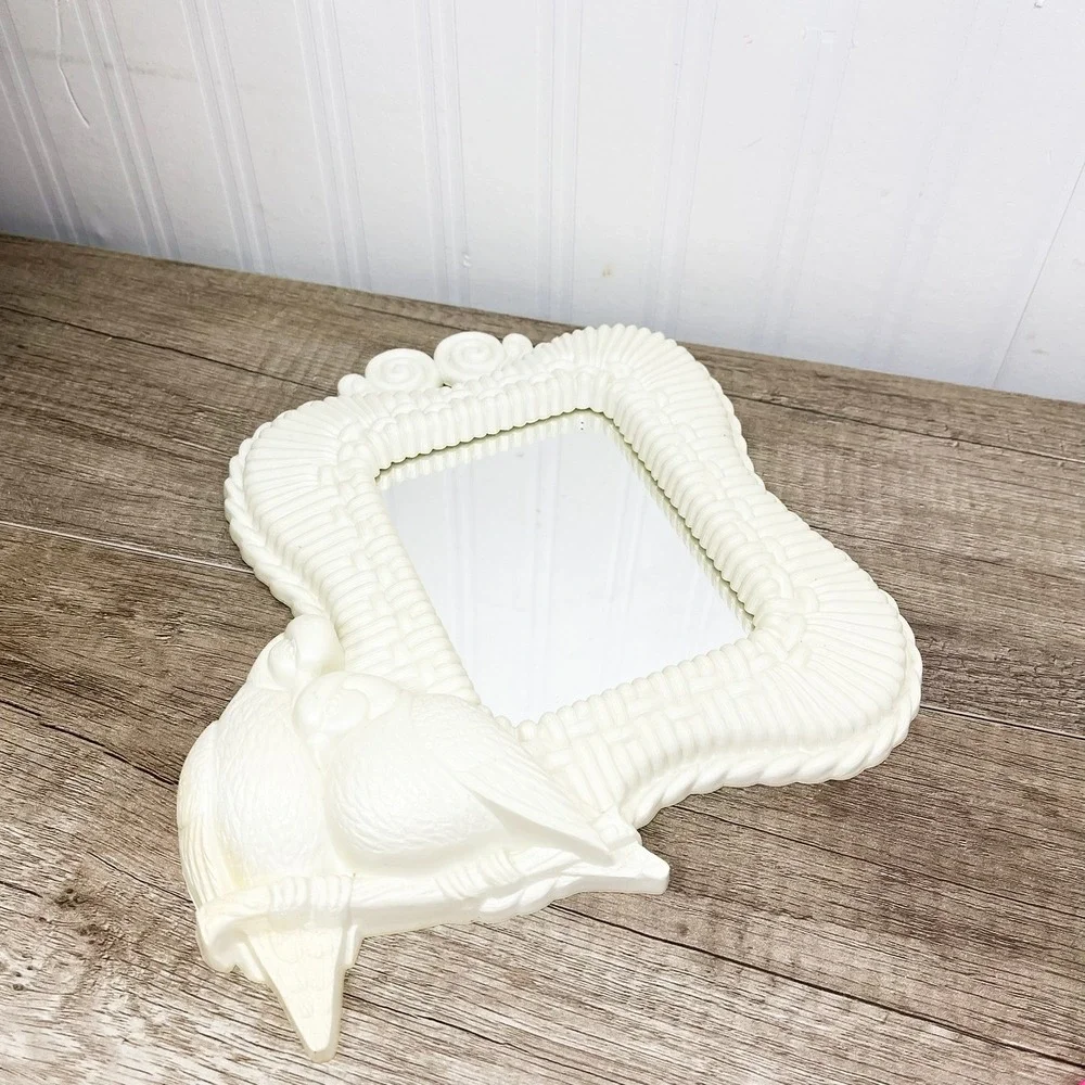 Vintage Cream Lovebirds Wall Mirror Faux Wicker Tropical Coastal Decor White